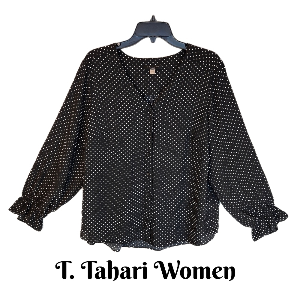 T. Tahari Womens Blouse Sz 1X Black White Polka Dot Full Front Button Semi Sheer